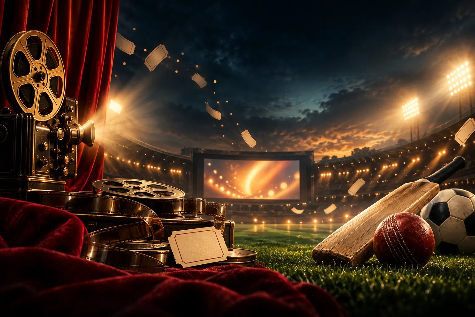 Cinema projector and sporting equipment in a floodlit stadium