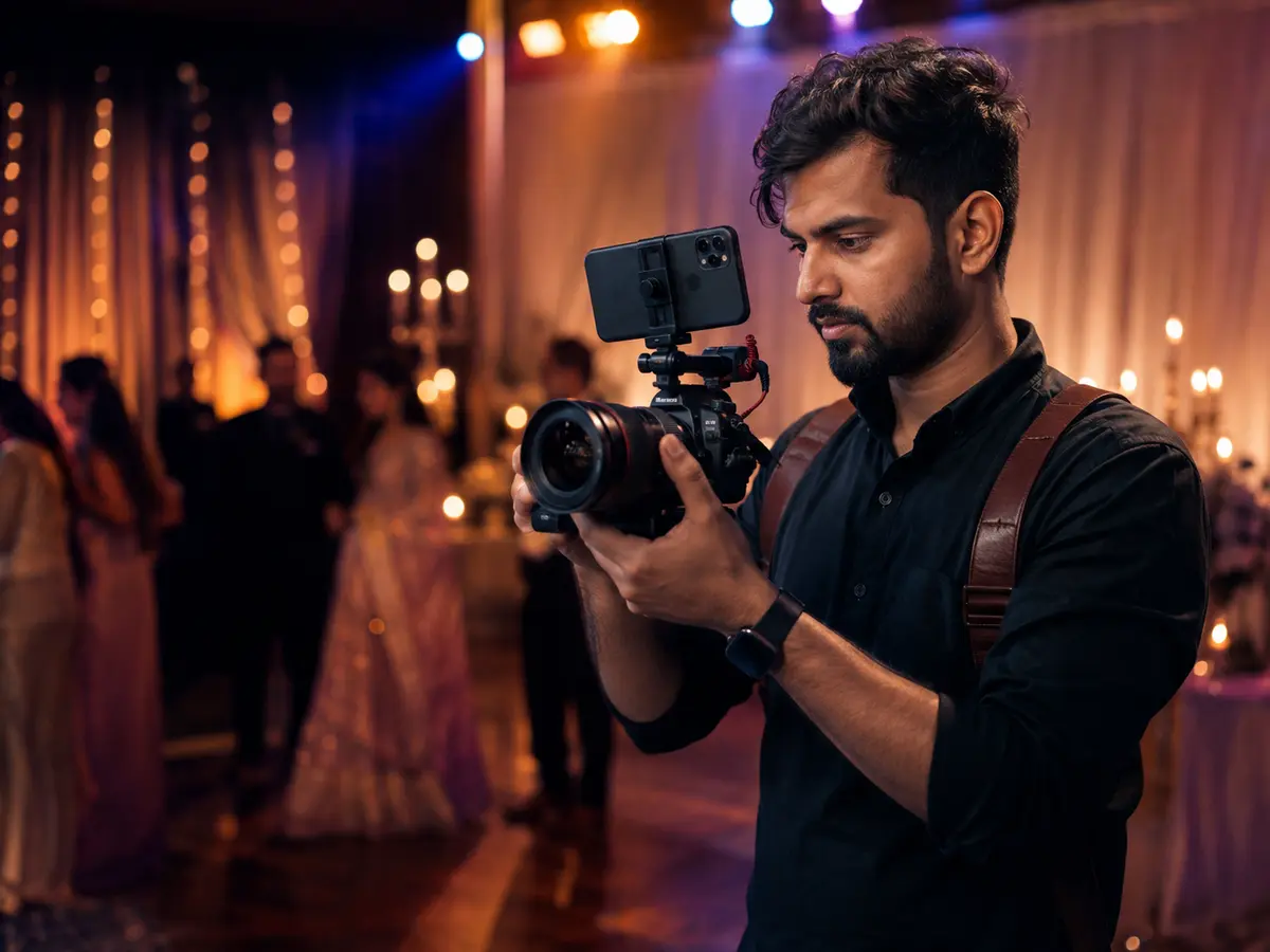 Professional photographer filming an event with a camera and phone rig