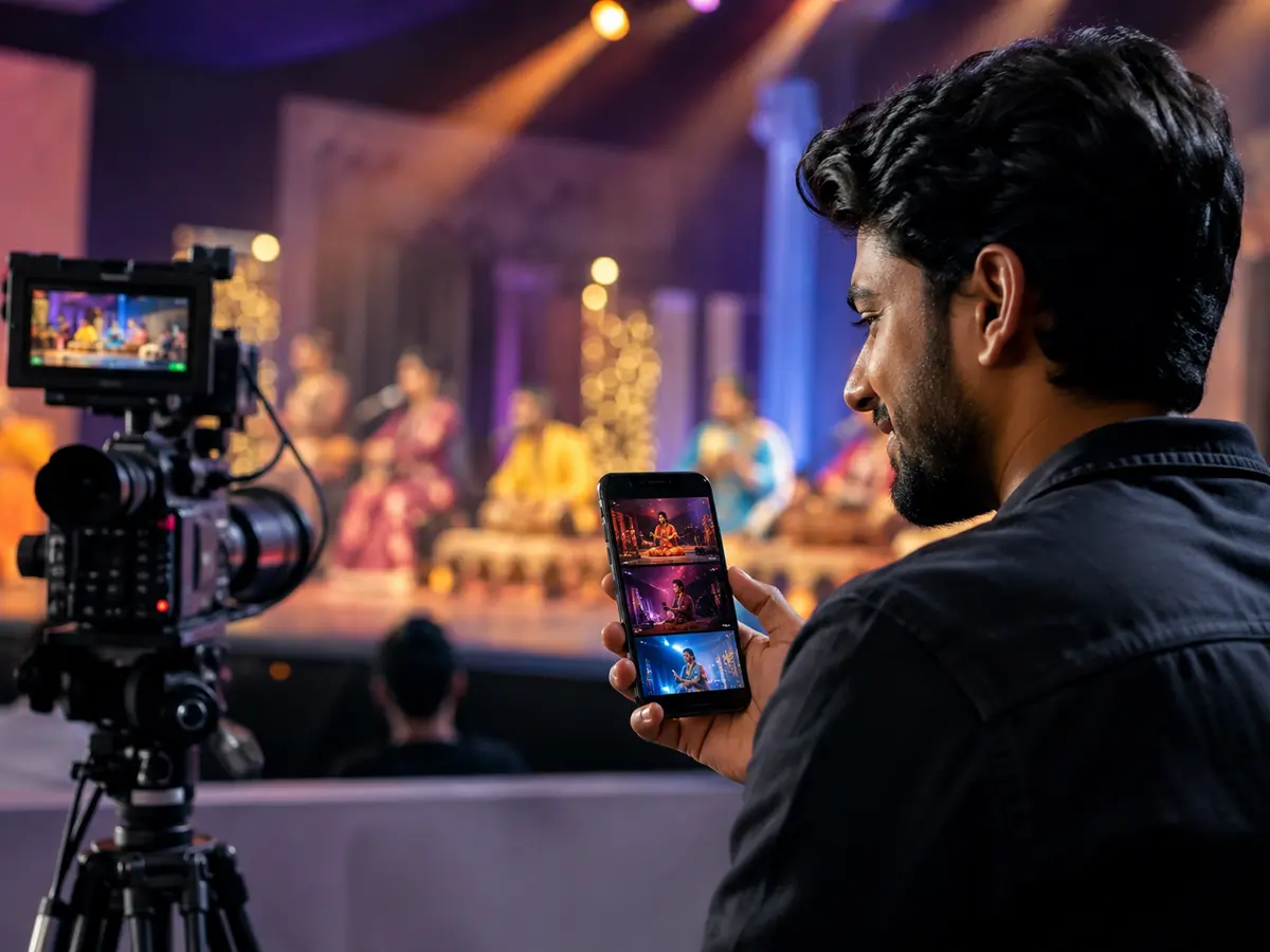 Creator reviewing vertical highlights while a live camera continues recording