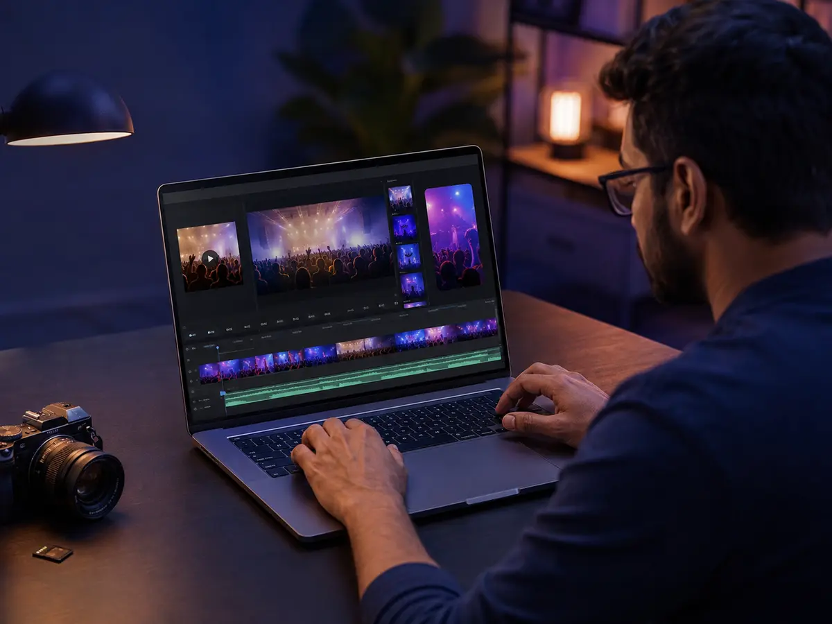 Creator editing uploaded footage on a laptop with a timeline and vertical previews